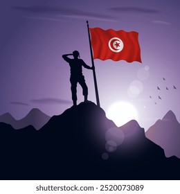 Tunisia Flag hoisted on a mountain peak with a purplish sunset in the background, vector illustration