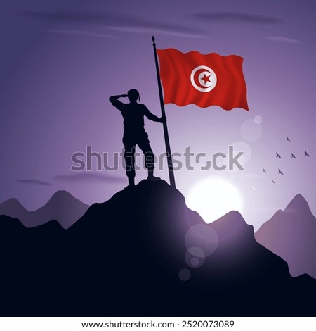 Tunisia Flag hoisted on a mountain peak with a purplish sunset in the background, vector illustration