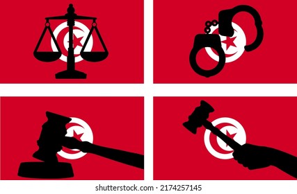 Tunisia flag with justice vector silhouette, judge gavel hammer and scales of justice and handcuff silhouette on country flag, Tunisia law concept, design asset, freedom idea