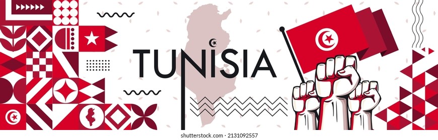 Tunisia Flag and map with raised fists. National or Independence day design for Tunisian celebration. Modern retro red white Islamic traditional abstract icons. Vector illustration. svg