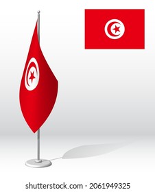 TUNISIA flag on flagpole for registration of solemn event, meeting foreign guests. National independence day of TUNISIA. Realistic 3D vector on white