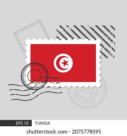 Tunisia flag postage stamp. Isolated vector illustration on grey post stamp background and specify is vector eps10.