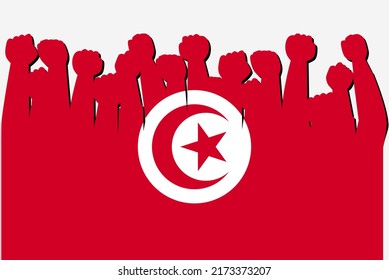 Tunesische Flagge mit erhöhter Protesthand, Vektorgrafik, Logo des Landes, tunesisches Protestkonzept, flaches Design gegen Idee