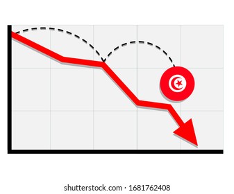 
La bandera de Túnez con un gráfico de flecha roja que muestra la recesión económica y la caída de las acciones. 