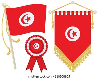 tunisia flag, rosette and pennant, isolated on white