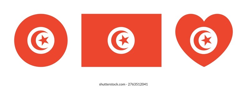Tunisia flag round, rectangular, heart shaped country badge, sticker. National Tunisian rectangle, circle flag icon, button. Set of Republic of Tunisia flag banner, background.