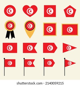 Tunisia flag set in 16 shape versions. Collection of Tunisia flag icons with square, circle, heart, triangle, medal, stamp and location shapes.
