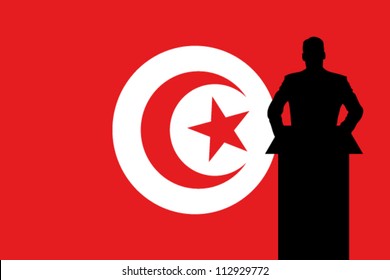 The Tunisia Flag with a Silhouette of a man giving a speech