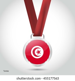 Tunisia Flag in Silver Medal. Vector Illustration. RIO Olympic Game silver Medal. Vector Illustration