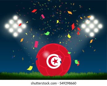 Tunisia flag in soccer ball with confetti in stadium to celebrate for football match in night time with spot light backdrop, This design for sport template , banner in vector illustration