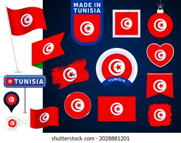 tunisia flag vector collection. big set of national flag design elements in different shapes for public and national holidays in flat style. Post mark, made in, love, circle, road sign, wave