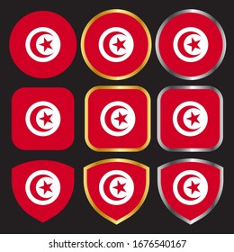 tunisia flag vector icon set with gold and silver border