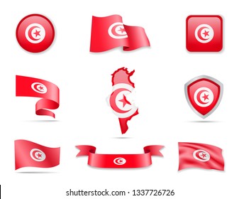Tunisia flags collection. Flags and outline of the country vector illustration set