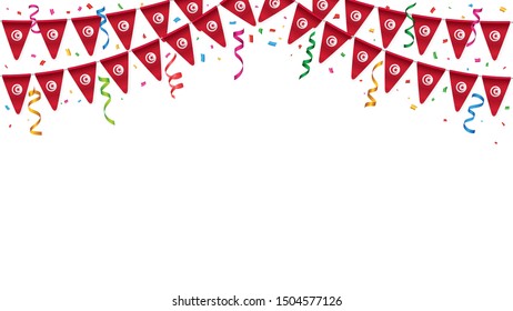 Tunisia flags garland white background with confetti, Hang bunting for Tunisian independence Day celebration template banner, Vector illustration