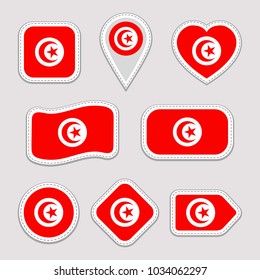 Tunisia flags stickers set. Vector collection of Tunisian national flags. Modern isolated icons with shadows. Traditional colors. Vector illustration. Web, sports, travel, school, geographics designs