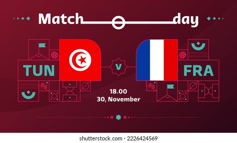 tunisia france match Football 2022. 2022 Weltfußball-Weltmeisterschaftsspiel gegen Mannschaften auf Sporthintergrund, Meisterschaftspopster, Vektorgrafik.