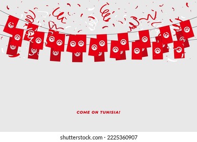 Tunisia garland flag with confetti on white background, Hang bunting for Tunisia celebration template banner.