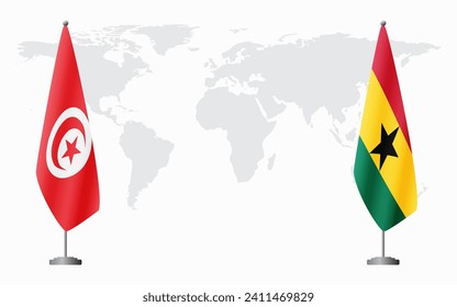 Tunisia and Ghana flags for official meeting against background of world map.