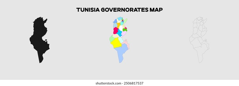 Tunesien Governorates Karte in Farben. EPS-Datei auch in selhoutte und skizzierte Form. Bearbeitbare EPS-Datei.