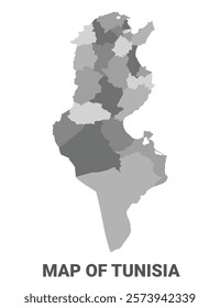 Tunisia Greyscale political map simple flat illustration