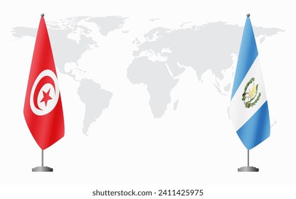 Tunisia and Guatemala flags for official meeting against background of world map.