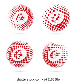 Tunisia halftone flag set patriotic vector design. 3D halftone sphere in Tunisia national flag colors isolated on white background.