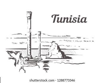 Tunisia hand drawn. Baths of Antoninus in Carthage sketch style vector illustration.Isolated on white background.