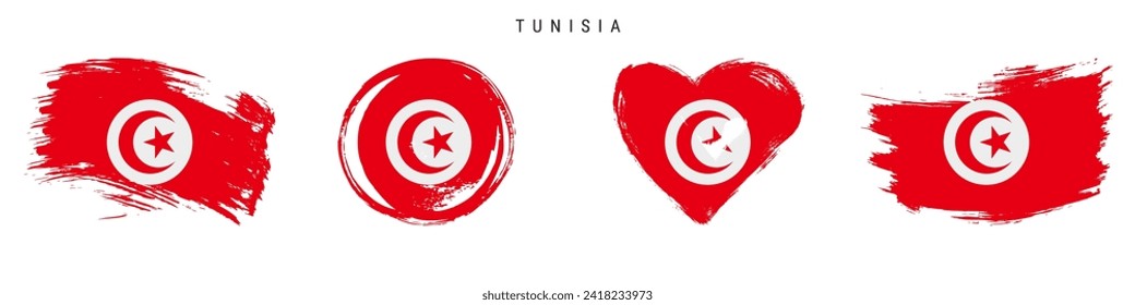 Tunisia hand drawn grunge style flag icon set. Tunisian banner in official colors. Free brush stroke shape, circle and heart-shaped. Flat vector illustration isolated on white.