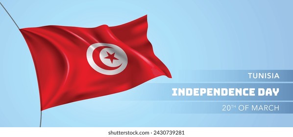 Tunisia happy independence day greeting card, banner vector illustration. Tunisian national holiday 20th of March design element with 3D flag