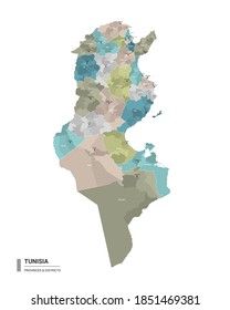 Tunisia higt detailed map with subdivisions. Administrative map of  Tunisia with districts and cities name, colored by states and administrative districts. Vector illustration 