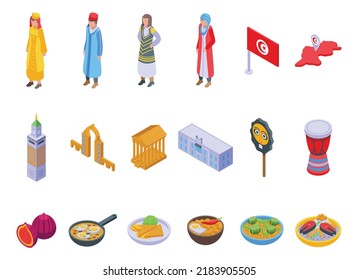Tunisia icons set isometric vector. City country. Monument landmark