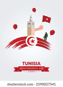 Tunisia Independence Day 20 March landmark with solider and flag vector poster