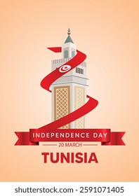 Tunisia independence day 20 March landmark with flag ribbon vector poster