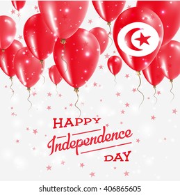 Tunisia Independence Day Celebration Balloons. Flying Rubber Celebration Balloons in Colors of the Tunisia National Flag. Happy Tunisia Day Celebration Balloons, Stars and Sparkles.