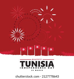 Ilustración vectorial del Día de la Independencia de Túnez con bandera nacional y fuegos artificiales. Tarjeta de saludo de feriado público en el país africano. Adecuado para publicaciones en medios sociales.