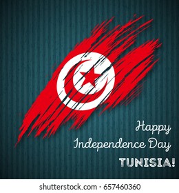 Tunisia Independence Day Patriotic Design. Expressive Brush Stroke in National Flag Colors on dark striped background. Happy Independence Day Tunisia Vector Greeting Card.