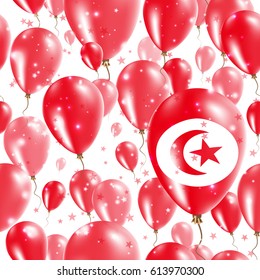 Tunisia Independence Day Seamless Pattern. Flying Rubber Balloons in Colors of the Tunisian Flag. Happy Tunisia Day Patriotic Card with Balloons, Stars and Sparkles.