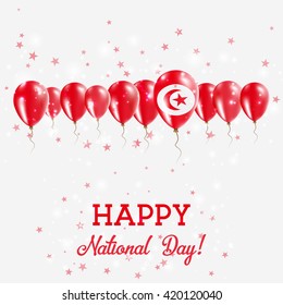 Tunisia Independence Day Sparkling Patriotic Poster. Happy Independence Day Card with Tunisia Flags, Confetti, Stars, Bokeh and Glitter.