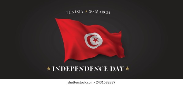 Tunisia independence day vector banner, greeting card. Tunisian wavy flag in 20th of March patriotic holiday horizontal design with realistic flag