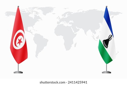 Tunisia and Lesotho flags for official meeting against background of world map.