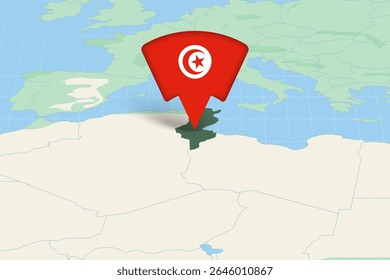 Tunisia Location Highlighted on African Map with Flag Icon. Detailed Vector Design.