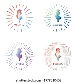 Tunisia low poly sunburst set. Logo of country in geometric polygonal style. Vector illustration.