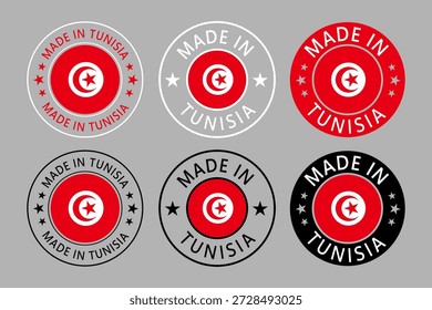 Túnez Hecho en sello en círculo con Plantilla de Vector de la bandera sobre fondo blanco