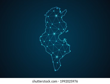 Tunisia map Abstract mash line and point scales on dark background. Wire Frame 3D mesh polygonal network line. Network line, design sphere, dot and structure vector. svg