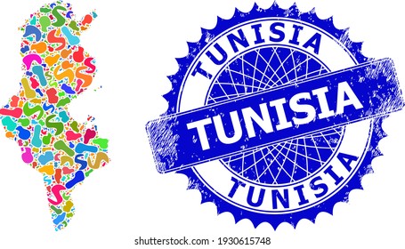 Tunesien kartographiert Abstraktion. Spot-Mosaik und Stempelsiegel für Tunesien Karte. Sharp rosette blaue Stempeldichtung mit Bildunterschrift für Tunesien Karte.