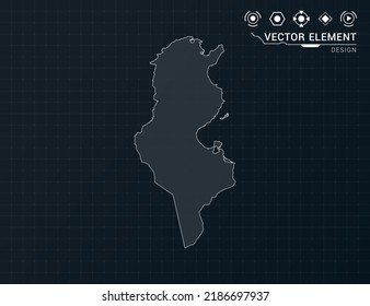Tunisia map of black digital frame HUD, GUI, UI interface technology radar vector.