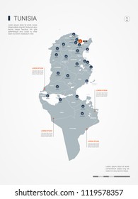 Tunisia map with borders, cities, capital Tunis and administrative divisions. Infographic vector map. Editable layers clearly labeled.