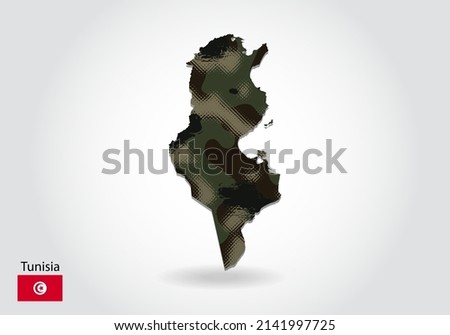 tunisia map with camouflage pattern, Forest - green texture in map. Military concept for army, soldier and war. coat of arms, flag.
