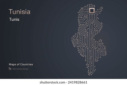 Tunisia Map with a capital of Tunis Shown in a Microchip Pattern with processor. E-government. World Countries vector maps. Microchip Series
 svg
