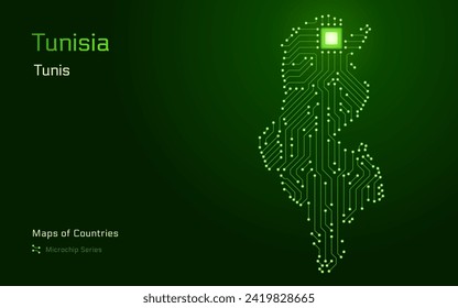 Tunisia Map with a capital of Tunis Shown in a Microchip Pattern with processor. E-government. World Countries vector maps. Microchip Series	
